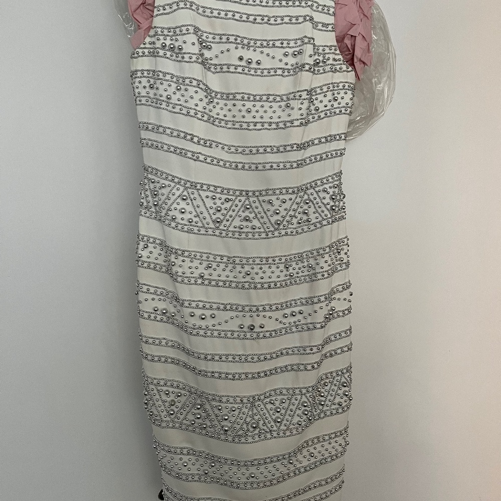 Carmen Marc valvo white and silver beaded gown
